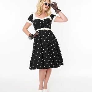 Women's Unique Vintage Black Ivory Polka Dot Dress 5X